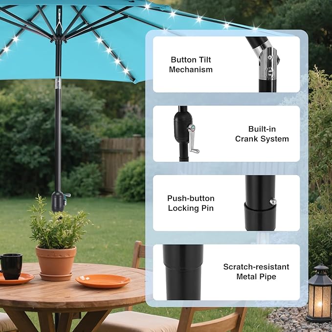 DUMOS LED Outdoor Patio Umbrella 10 FT UV-Resistant Market Umbrella with Tilt Adjustment & Crank Lift, All-Weather Shade for Backyard, Deck, Garden, Beach