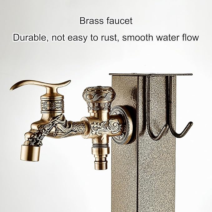 Freestanding Vertical Square Garden Water Fountain with Copper Faucet & Hose Stand - 37.8in Outdoor Water Feature for Garden Decor, Decorative Hydrant Dispenser, Elegant Garden Accent