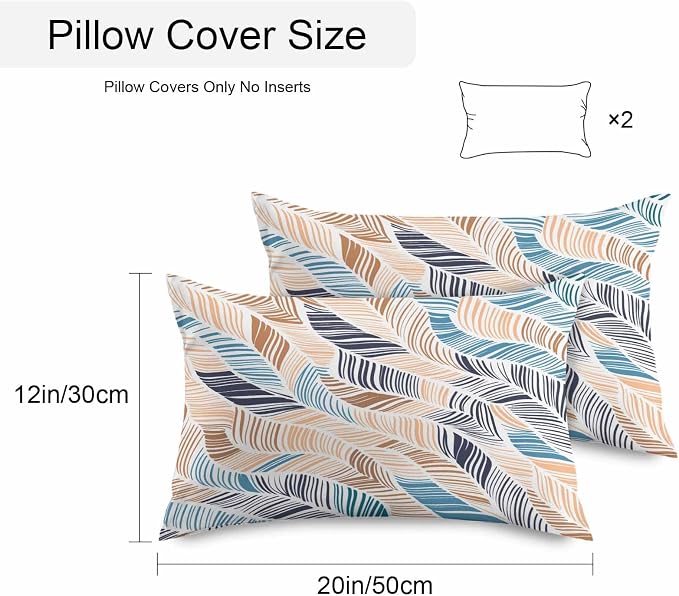 Vandarllin Outdoor Throw Pillows Covers 20x12 inch Set of 2 Waterproof Summer Beach Decorative Zippered Cushion Covers for Patio Furniture, Yellow Blue Ombre Abstract Leaf Lines Lumbar Pillowcases