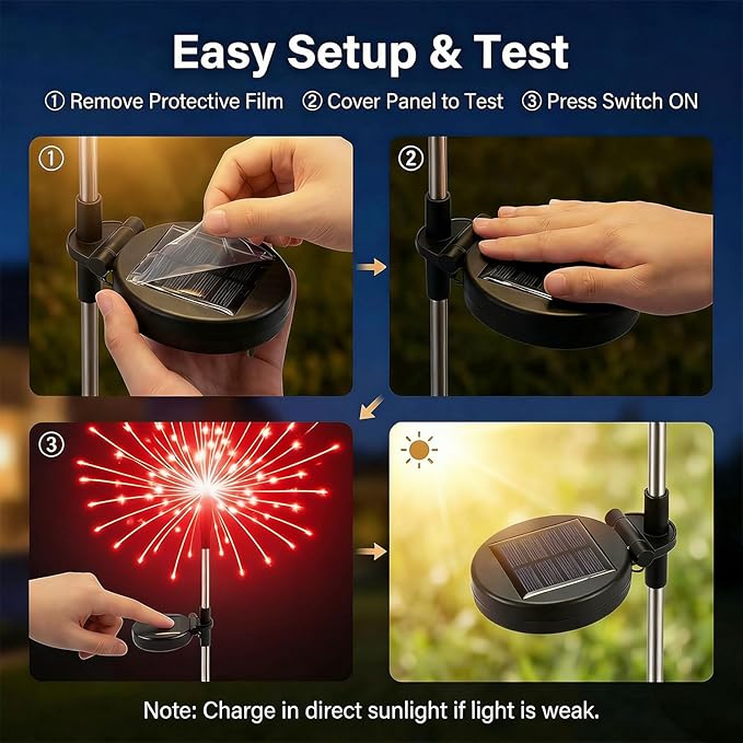 Solar Firework Lights Outdoor, 200 LED Starburst Garden Lights, Adjustable Height 2/3-Rod up to 51in, Stainless Steel, 2 Lighting Modes, IP65 Waterproof Pathway Light for Yard Patio Lawn