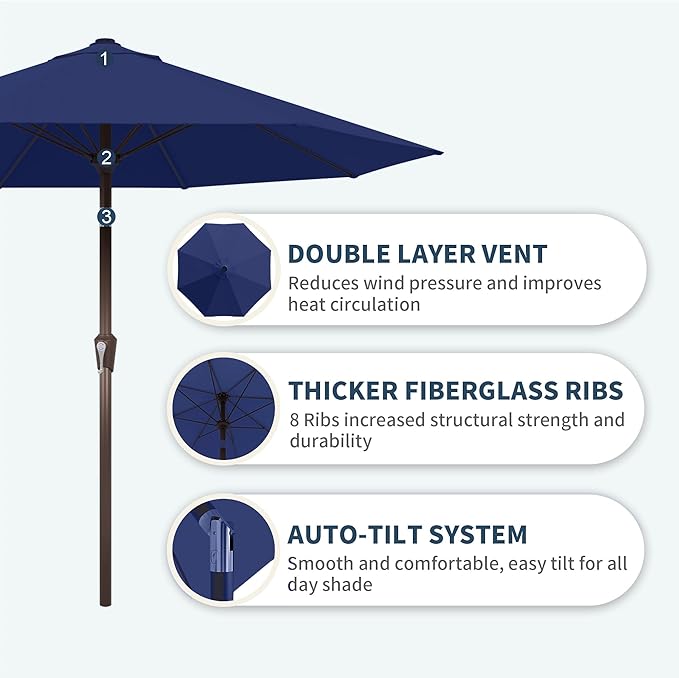 PatioKingdom Auto-Tilt 9FT Patio Umbrella Outdoor with 8 Sturdy Fiberglass Ribs,Market Table Umbrella for Pool,Backyard,Deck and Garden (Navy)