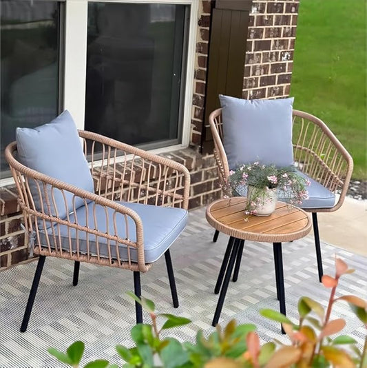 YITAHOME 3 Pieces Outdoor Bistro Set, All-Weather Wicker Patio Furniture Set, Rattan Conversation Set with Table and Chair for Balcony, Backyard, Pool, Porch, Deck - Grey