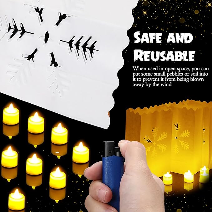 Sabary 50 Sets Luminary Bags with Flameless Tea Lights Outdoor Luminaries LED Lantern Candle Bags for Wedding Birthday Ramadan Christmas Party Decorations Romantic Decor(Snowflake)