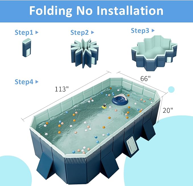 WIRHAO Foldable Non-Inflatable Kids' and Adults' Outdoor Swimming Pool Hard Plastic Shell Kid Pool for Backyard Dog Pools (113" x 66" x 20")