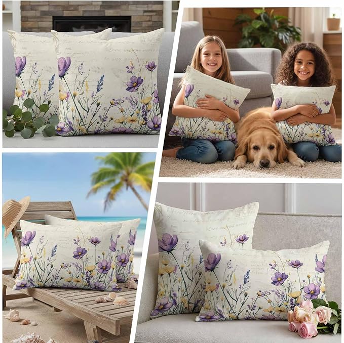 Spring Floral Outdoor Waterproof Throw Pillow Covers Set of 2, 26"x26", Purple Yellow Flower Leaves Retro Letter Texture Decorative Pillow Covers Outside Cushion Case for Patio Porch Garden