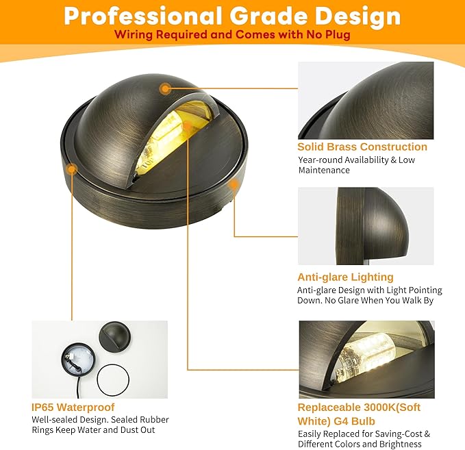 Gardenreet Solid Brass Deck Lights - Low Voltage LED Step Lights Outdoor, 12V Landscape Hardwired Waterproof Bronze for Stair Fence Wall with 3000K Soft White 3W 270LM G4 Bulb 4 Pack