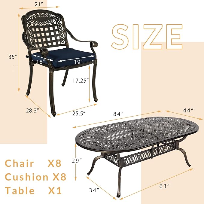 9-Piece Patio Dining Set, Outdoor Patio Table and Chair Set of 84” Oval Cast Aluminum Dining Table with Umbrella Hole and 8 Outdoor Dining Cushion Chairs, Patio Funiture Set for Garden, Navy