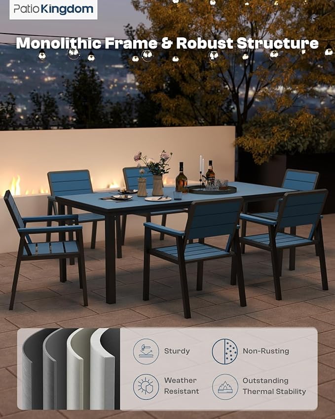 7-Piece Patio Dining Set with 15FT Umbrella, Aluminum & HDPE Outdoor Table and Chairs, Weather-Resistant All-Season Backyard, Deck & Patio Dining Furniture with 2" Umbrella Hole (Navy)