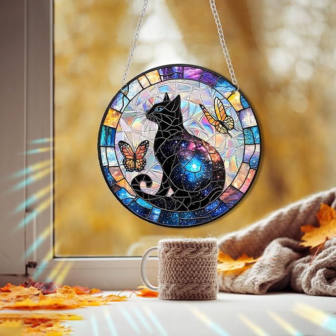 Acrylic Suncatcher Window Hanging, Cat & Butterfly Sun Catcher Rainbow Indoor Window Decoration for Living Room Bedroom Summer Home Balcony Ornaments, 7.87 inches