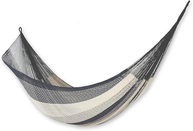 NOVICA Beige Gray White Striped Cotton Hand Woven Mayan Rope 2 Person XL Hammock with Hanging Accessories, 'Midnight Riviera' (Double)