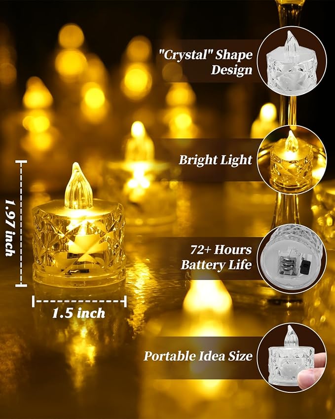 SupBri 24 Pack Flameless Tea Lights Battery Operated, Crystal LED Tealight, Votive Fake Candles for Valentines Wedding Decorations