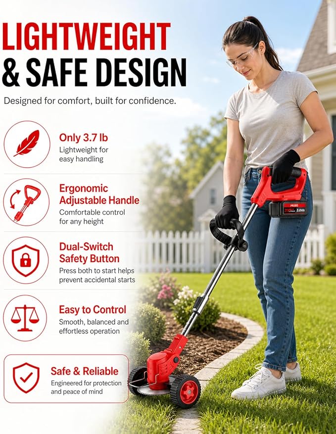 Cordless Weed Wacker with Wheels, 880W Electric Weed Eater with 2 x Batteries, 3-in-1 Battery Powered Grass Trimmer/Brush Cutter with 5 Types Saw Blades, Lightweight for Lawn & Garden