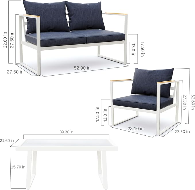 East Oak Patio Furniture Set, 4-Piece Outdoor Patio Set with Sofa, Removable & Washable Seating Cushion, Tempered Glass Table, Outside Patio Conversation Sets, Ivory White & Navy Blue