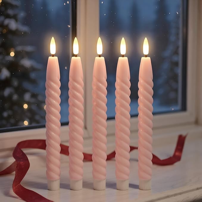 Pink Flameless Taper Candles Real Wax Flickering Pastel with Remote Timer, 3D Wick LED Spiral Candles Battery Operated 6 Pack 9.8 inch, Wedding Birthday Home Party Holiday Dinner Decor