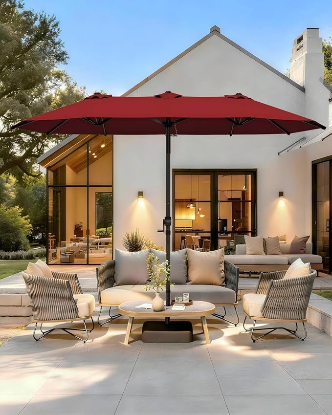 GDPFN 15FT Large Patio Umbrella with Base Included, Outdoor Deck Standing Umbrella with Crank Handle, Double-Side Rectangular Pool Umbrella for Outside, Market, Patio, Burgundy