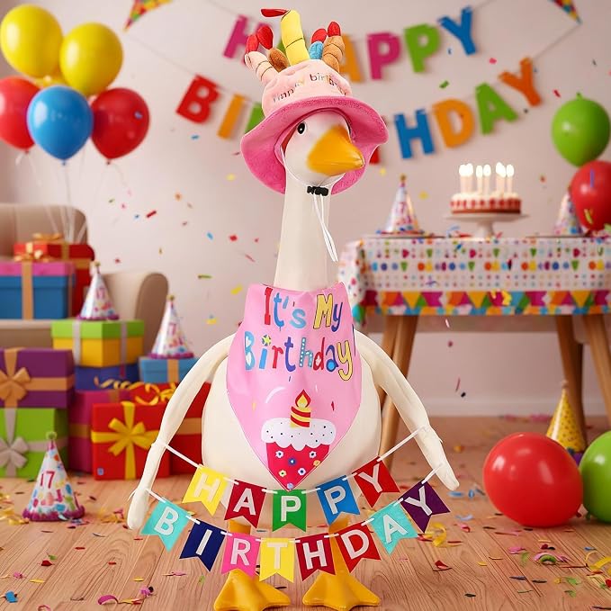 Abbylike 4 Pcs Happy Birthday Porch Goose Outfit for 23" Statues Poseable Porch Goose Wings Birthday Cake Hat for Lawn Patio Outdoor Geese Statue Decoration Accessories (Pink,Bib Style)