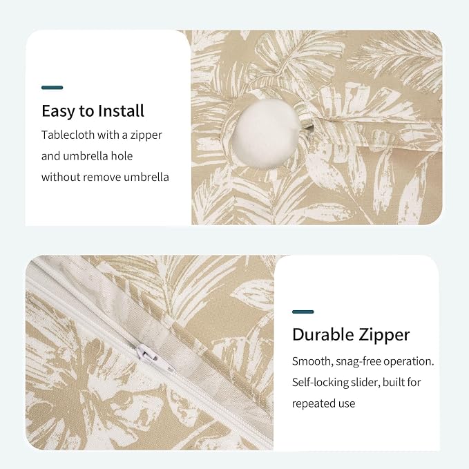 DYTXIII Outdoor Rectangle Tablecloth with Umbrella Hole and Zipper 84" x 60", Water Repellent Floral Picnic Cover, Fade & Wrinkle Resistant Tablecloth for Patio/Garden/Party Table, Tropical Leaf Oat