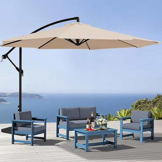 SERWALL 4 Pieces HDPE Outdoor Sofa Set with 10FT Patio Umbrella, All Weather Use Loveseat Furniture Sofa Set, Outdoor Conversation Couch with Coffee Table for Patio, Blue Frame with Grey Cushions
