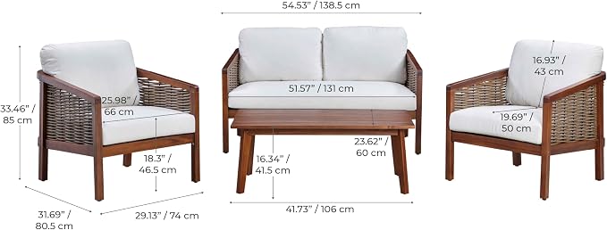 Teamson Home 4-Piece Outdoor Patio Furniture Set, Brown | Cushions Included, Acacia Wood Frame, Wicker Accent, Weather-Resistant, Sofa, Chairs & Coffee Table