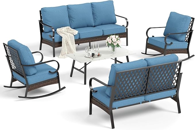 HERA'S HOUSE 5 Piece Metal Patio Furniture Set, 7 Seats All Weather Outdoor Conversation Set, 3 Seat Sofa with Loveseat, 2 Rocking Chairs, Coffee Table for Backyard, Garden, Deck, Navy Blue