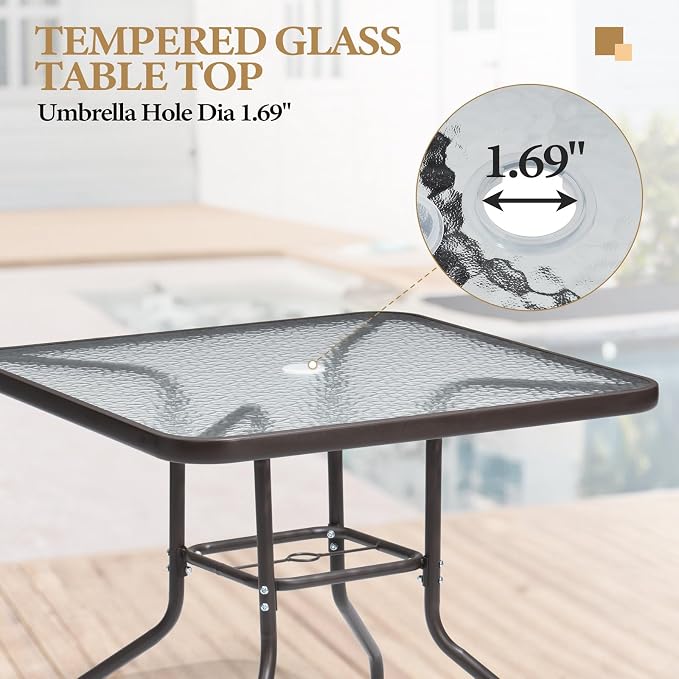 Crestlive Products 5 Piece Patio Dining Set with 4 Folding Chairs and Table Outdoor Dining Furniture with Square Glass Tabletop, Umbrella Hole for Bistro, Garden, Backyard, Deck (Brown)