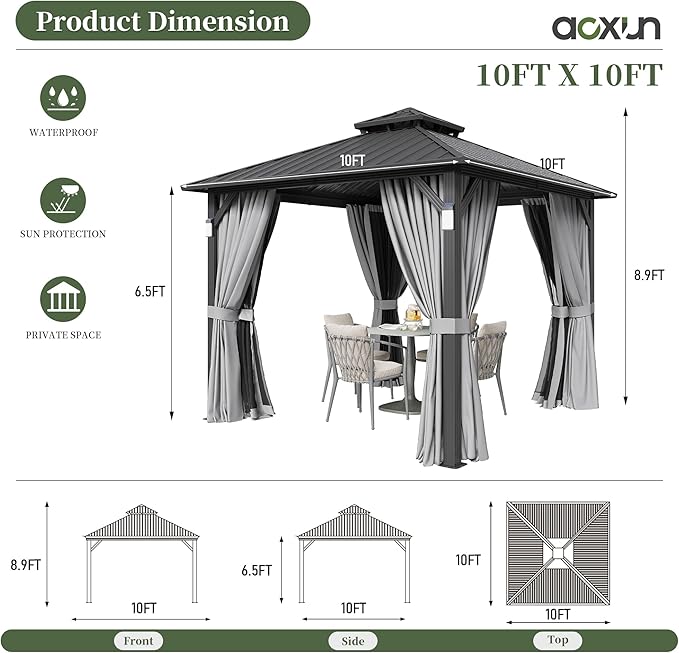 Aoxun 10'x10' Hardtop Gazebo with 4 LED Lights, Outdoor Gazebo with Galvanized Steel Double Roof, Patio Gazebo with Breathable Netting & Privacy Curtain, Decor Hooks for Backyard, Gray