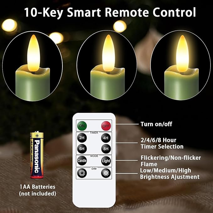 KSWING Upgraded Real Wax Short LED Flameless Taper Candles with Remote, 6 PCS Winter Moss Candlesticks Battery Operated 3D Flickering for Home/Wedding/Fireplace Xmas Decor