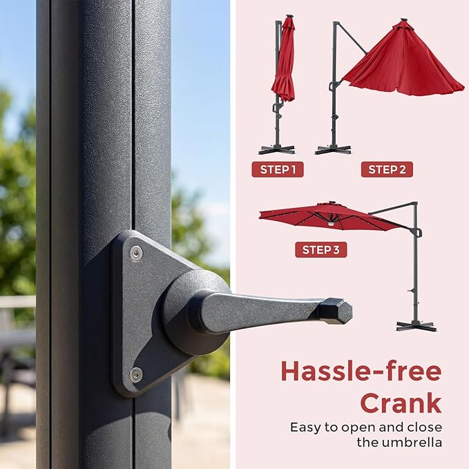Tangkula 10ft Patio Umbrella with Solar Lights, Offset Cantilever Square Outdoor Umbrella with 35 LED Lights, Aluminum Pole, 360 Degree Rotation, Tilt Adjustment, Air Vent for Pool Deck Yard (Wine)