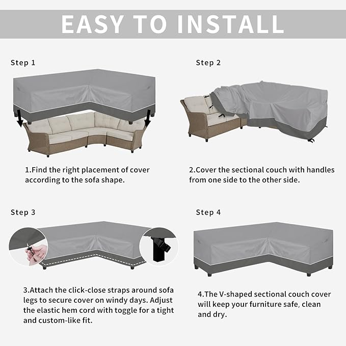 Easy-Going Outdoor L-Shaped Sectional Sofa Cover 104"X83" UV Resistant Patio Sectional Couch Cover Waterproof Lawn Patio Furniture Cover (Right Facing, Gray/Dark Gray)