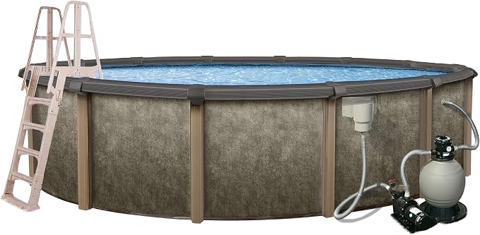 Blue Wave Riviera 24-ft Round 54-in Deep Hard Sided Above Ground Pool with Resin Top Seats, Steel Verticals, Dual-Speed Sand Filter System, Ladder, Liner, Skimmer & Maintenance Kit – 13,500 Gal Cap