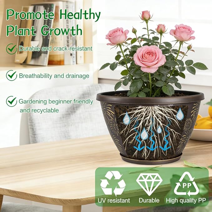 4 Pack 10 Inch Plant Pots with Drainage Holes and Saucers, Antique Gold Firework Embossed Resin Planters, Weather-Resistant Flower Pots for Indoor Outdoor Plants, Herbs, Pothos, Patio Home Decor
