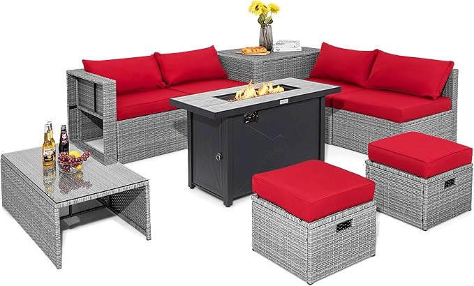 Tangkula 9 PCS Patio Furniture Set with 42” 60,000 BTU Fire Pit, Outdoor Space-Saving Sectional Sofa Set with Storage Box, Waterproof Covers Included (Red)