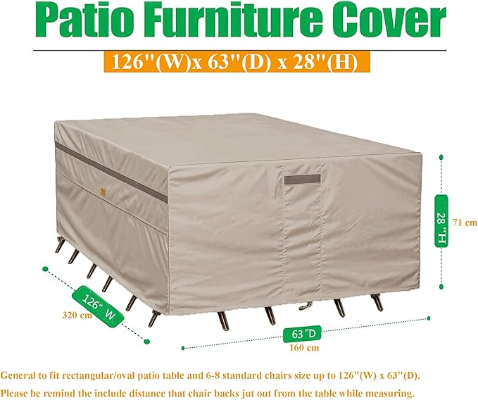 600D Heavy Duty Waterproof Patio Furniture Covers UV Resistant Rectangualr Outdoor Table and Chair Covers 126" Wx 63" D x 28" H Beige