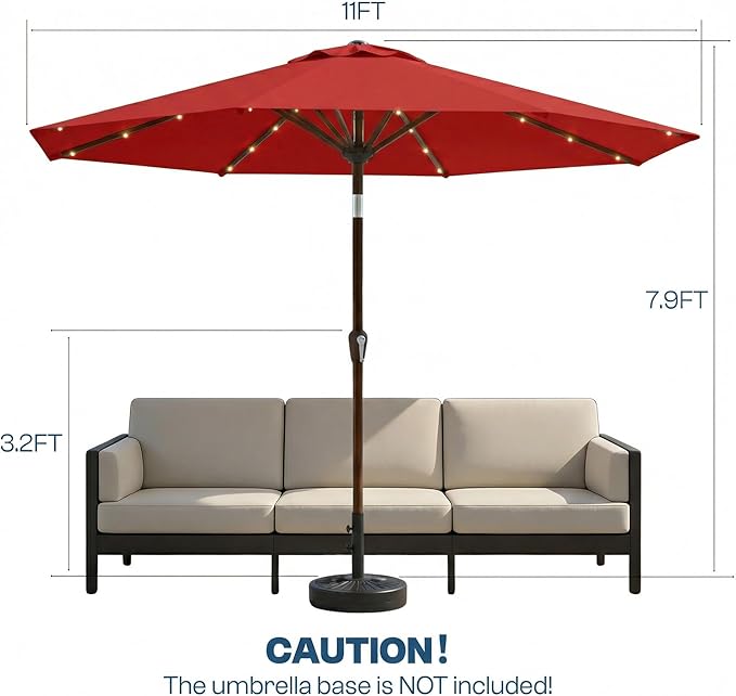 11FT Solar Patio Umbrella with Lights, Outdoor Table Market Umbrella with 32 LED Lights, 8 Sturdy Ribs, Smooth Crank Lift for Pool, Deck and Garden, UV-Resistant