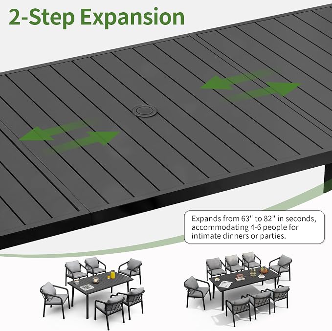 82"×35" Never-Rust Aluminum Outdoor Dining Table – Rectangular Patio Table for 8 Person with Umbrella Hole, Heavy Duty All-Weather for Poolside, Garden, Backyard, Porch, Deck, Black