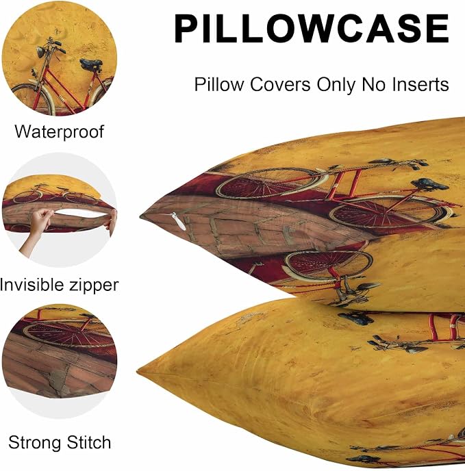 Bicycles Outdoor Pillow Covers 26x26 Inch Throw Pillow Covers Set of 2 Waterproof Decorative Pillow Cases Farmhouse Vintage Vehicle Yellow Broken Walls Cushion Covers for Patio Furniture Garden Couch
