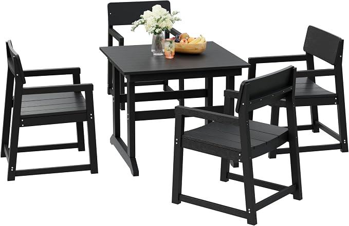 Shintenchi 5 Pieces Outdoor Dining Set,HDPE Outdoor Table and Chairs Set for 4,All Weather Patio Furniture Sets,Modern Wooden Textured Dining Sets for Backyard,Garden,Black