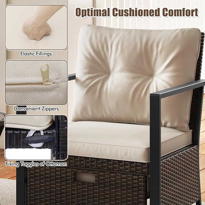 Tangkula 5 Piece Outdoor Furniture Set, Rattan Chairs & Ottomans w/Round Glass Topped Coffee Table, Space Saving Cushioned Patio Conversation Set for Backyard, Poolside (Off White)