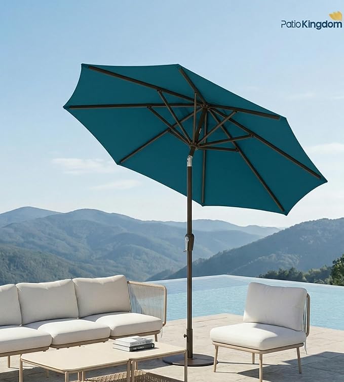 PatioKingdom Auto-Tilt 9FT Patio Umbrella Outdoor with 8 Sturdy Fiberglass Ribs,Market Table Umbrella for Pool,Backyard,Deck and Garden