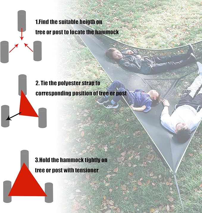 Triangle Hammock 13Ft Multi Person 3 Point Tree Hammock,Max 600LBs Extra Large Sky Camping Hammock for up to 2-4 Adults/Kids with 3 Ratchets/Straps/Net Pockets/Carabiners and Storage Bags-Black ﻿