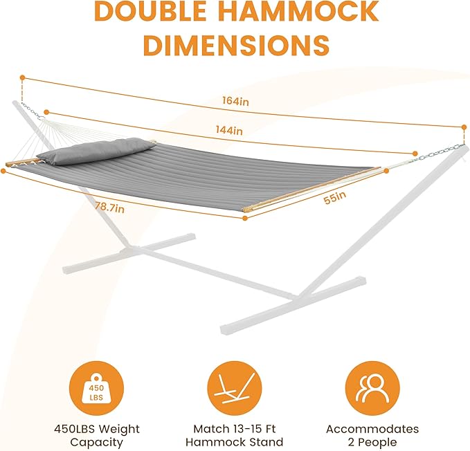 Lazy Daze Hammocks 12 FT Double Quilted Fabric Hammock with Spreader Bar and Detachable Pillow, 2 Person Double for Outside Patio Backyard, 450lbs Capacity, Light Gray