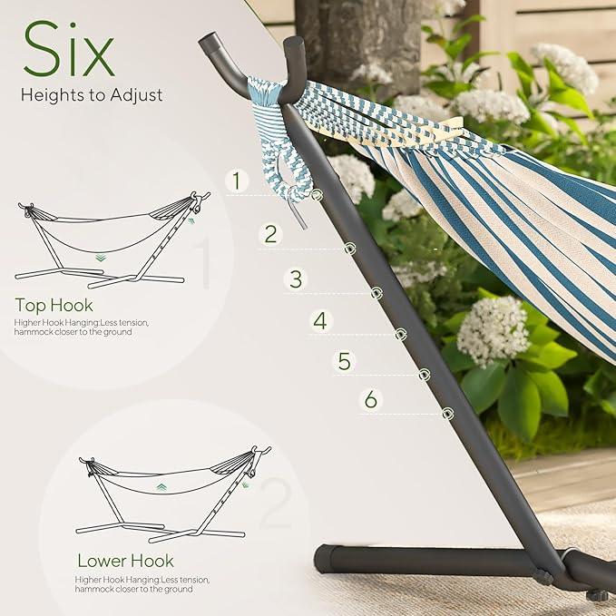 600lbs Hammock with Stand for Outside, 2 Person Portable Hammock with Side Storage, Carrying Bag, Expend Wooden Bar for Outdoor or Indoor (Blue White)