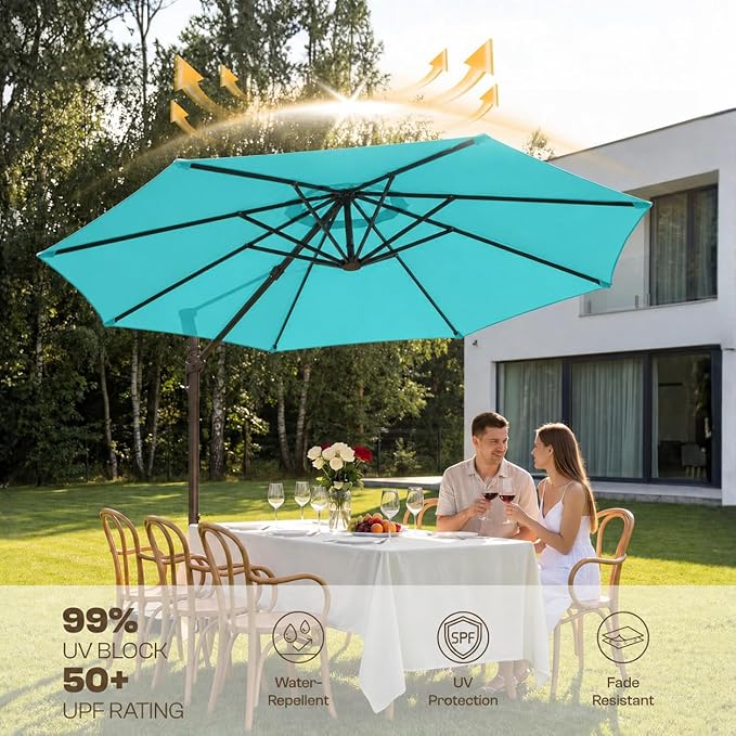 Kingdura Cantilever Patio Umbrella with Double Top Vent, Large Square Aluminum Outdoor Offset Umbrella with 360-degree Rotation, Infinite Tilt, UV Protection for Pool Deck Garden Patio