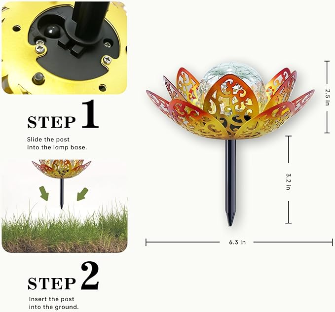 Solar Lights Outdoor Garden 6.3 " Glass Lotus Lamp Waterproof LED Metal Flower Lights Outdoor Garden Table Decor for Outside Balcony, Patio, Deck, Porch, Walkway