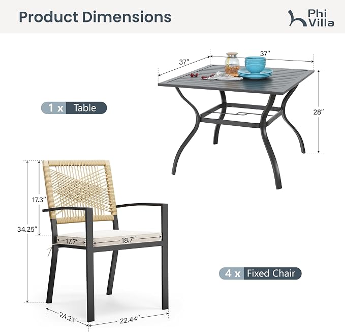 PHI VILLA Outdoor Dining Set for 4, 37" Square Table, Wicker Chairs | 5 Piece Patio Dining Set, Square Patio Dining Table Set with Patio Wicker Chairs for Garden, Porch, Deck