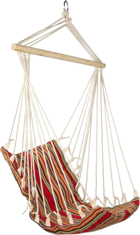 Striped Hammock Chair with Padding and Wooden Bar -34" x 21" - Red and Yellow