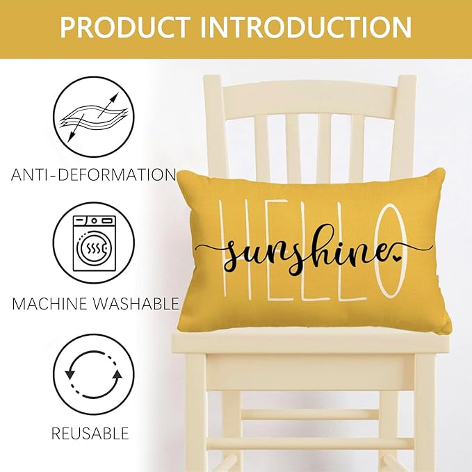RABUSOFA Outdoor Waterproof Pillows Decorative Throw Pillows,12x20 Inch Hello Sunshine Summer Pillow Covers,Yellow Mustard Waterproof Pillow Cases for Patio Furniture Garden Spring(2-12)
