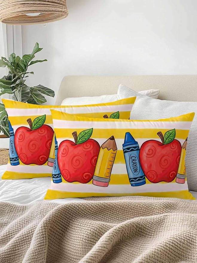 1 Pack Outdoor Throw Pillow, Children's Day Waterproof Pillow with Insert Included, Funny Cartoon Pencil Yellow Striped Decorative Accent Cushion Lumbar Pillows for Patio Porch, 12 x 20 in