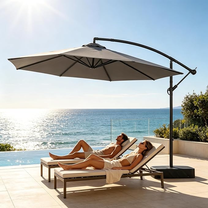 SUNYRISY 10ft Outdoor Patio Umbrella with Base Included, Large Cantilever Offset Umbrella with Sandbag Base Included for Deck, Pool, Porch, and Backyard Shade, Easy to Tilt and Crank