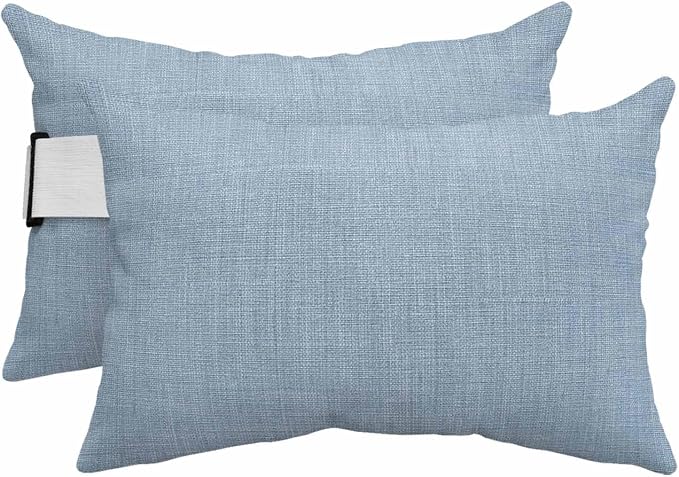 Sky Blue Outdoor Lumbar Pillows 11x16 Set of 2, Farmhouse Burlap Solid Blue Color Modern Linen Texture Waterproof Throw Pillow Covers with Insert, Decorative Pillowcase Cushion for Couch Sofa Bed
